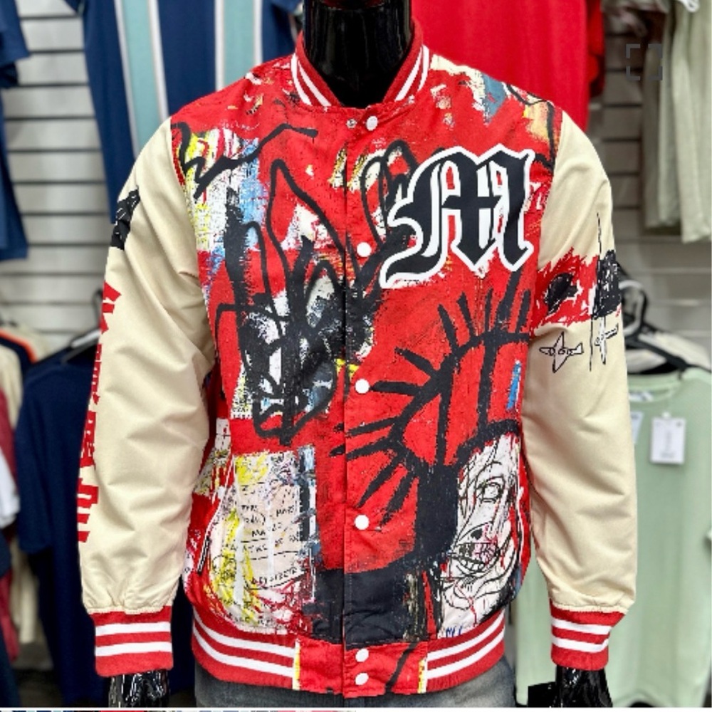 Members Only Red and Cream Graffiti Bomber Jacket